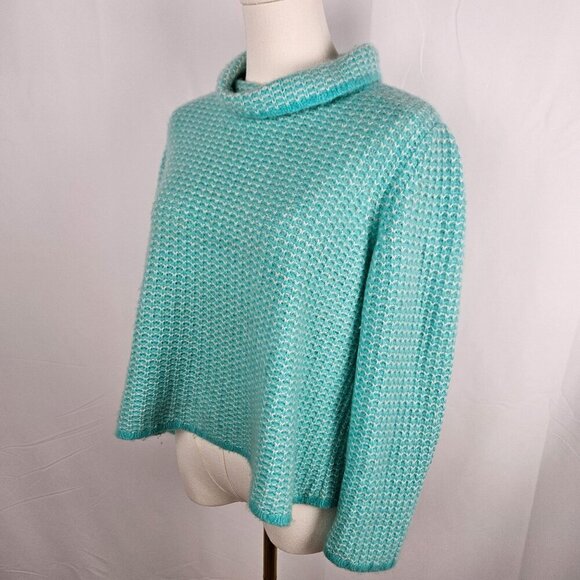 Belford Large Aqua Turquoise Cashmere Waffle Knit Sweater Pullover Turtleneck - Picture 4 of 9
